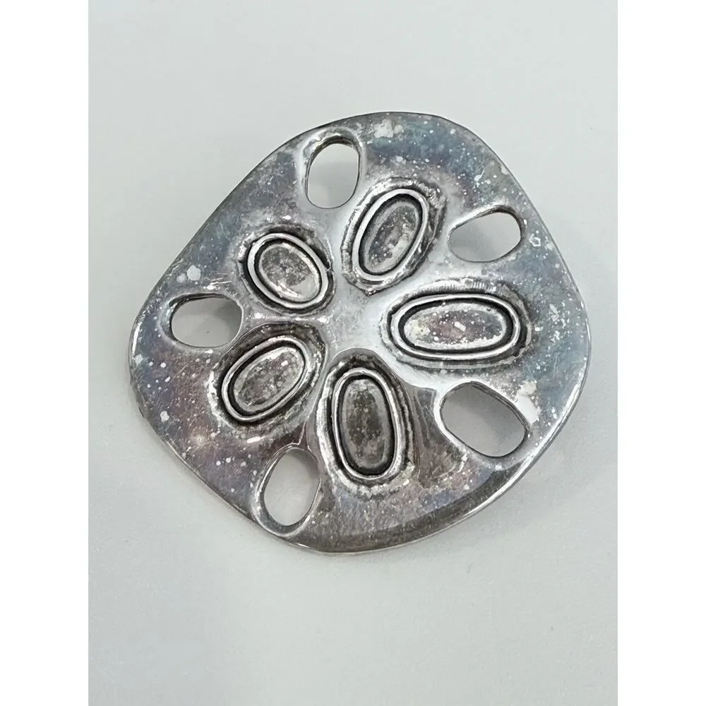 Vintage Sand Dollar Brooch Pendant Silver Tone Coastal Nautical 1.75” Seaside